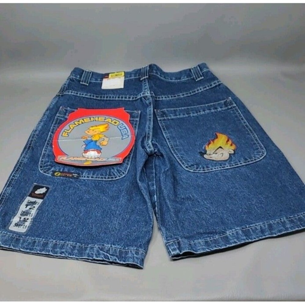 Vintage Flamehead Jean Shorts Jorts Size 16 Baggy Embroidered Y2K Revah JNCO NOS